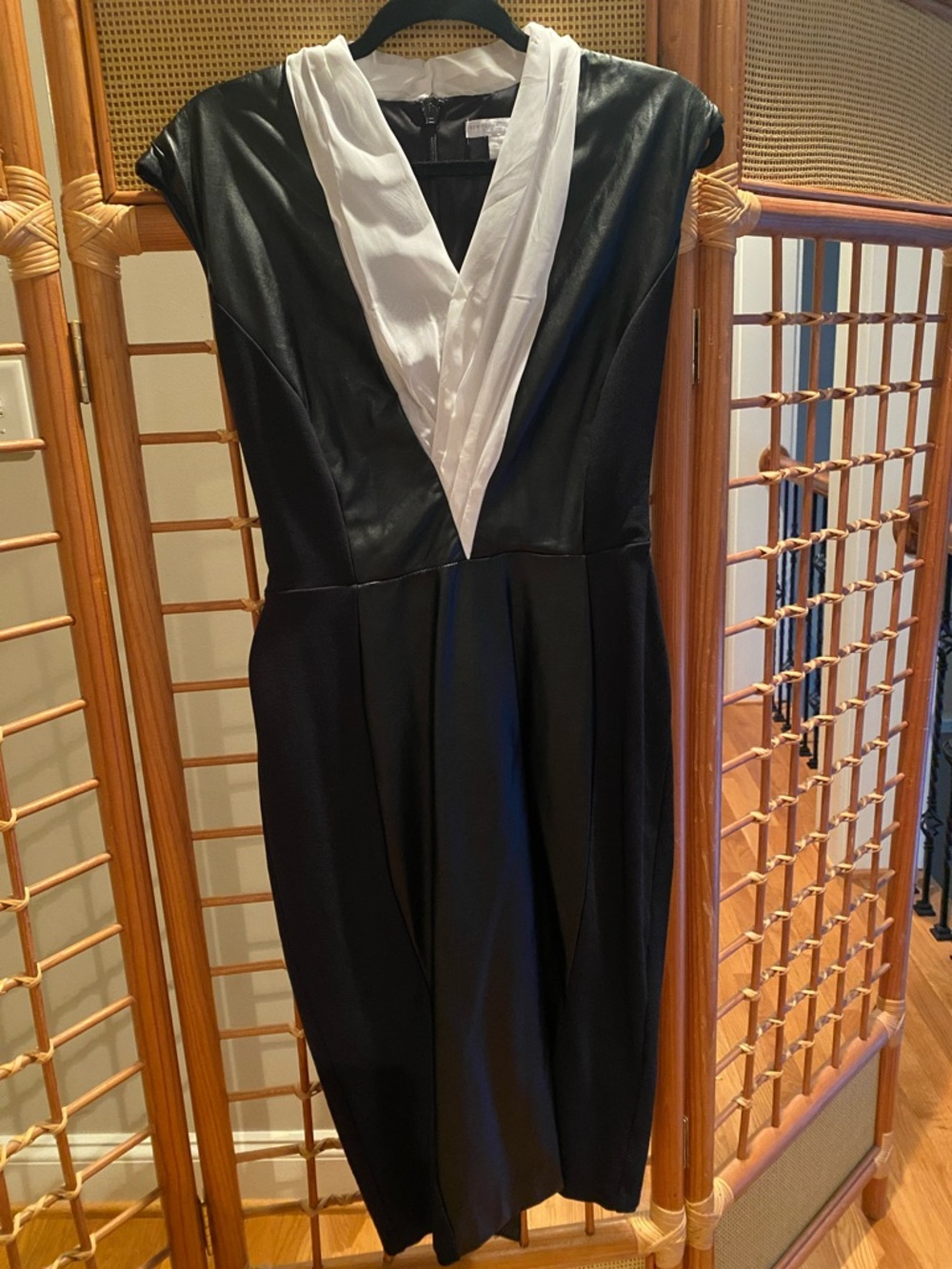 New York & Company Black Midi Dress with White V-Plunge